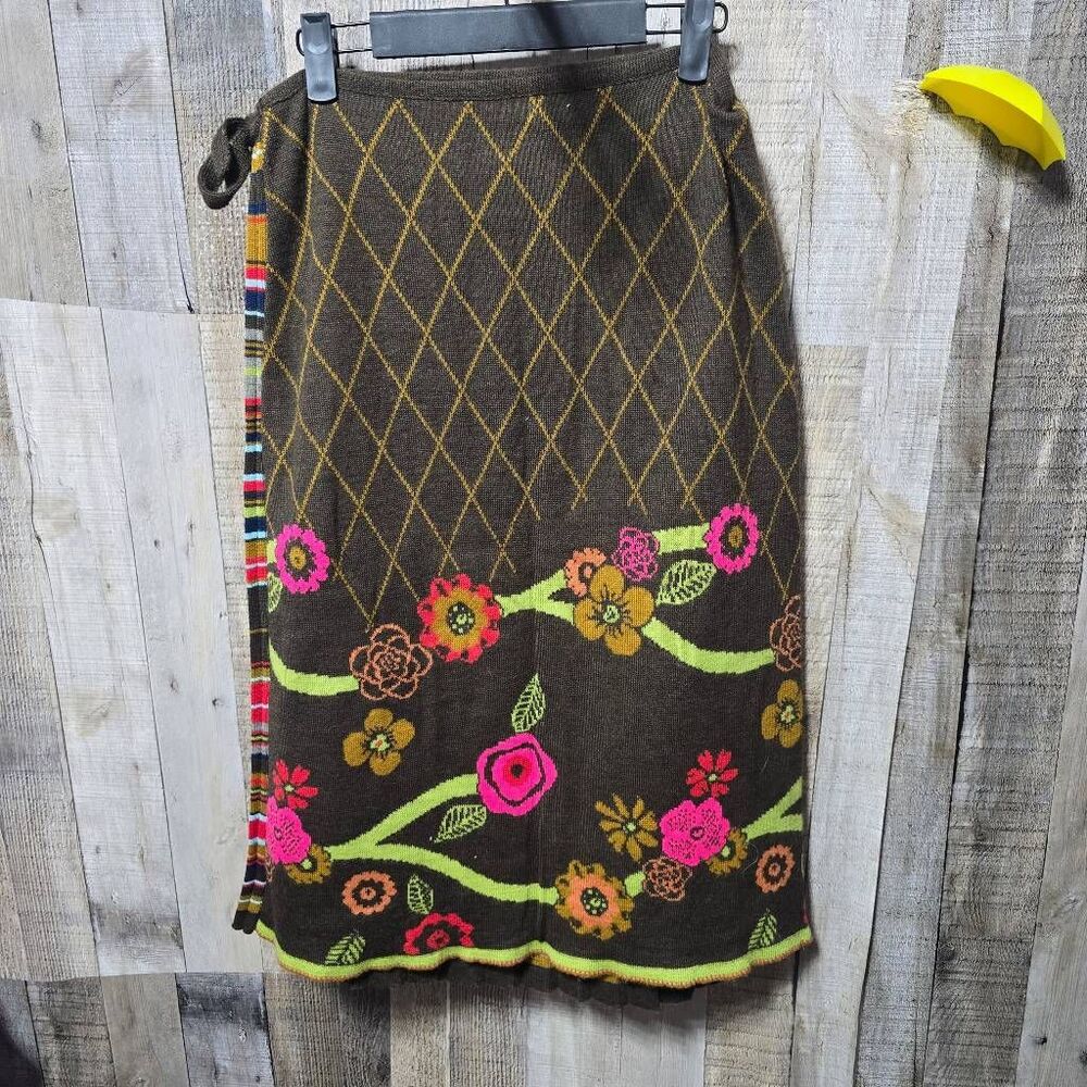 Oilily Brown Floral Multi Pattern Knit Merino Wool Blend Midi Wrap Skirt - Picture 2 of 5